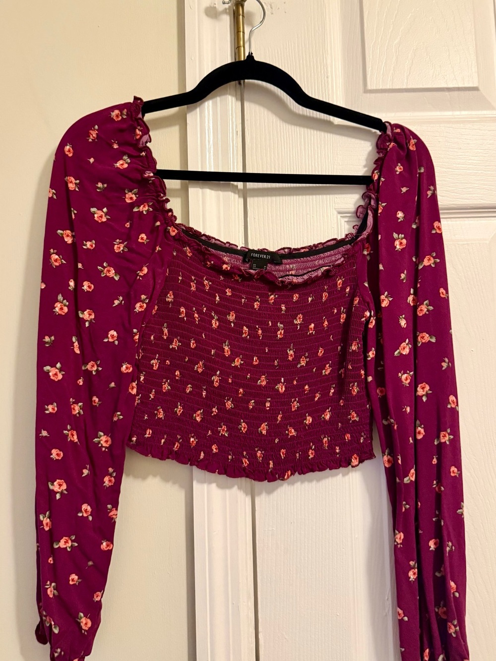 Forever 21 Magenta Floral Smocked Long-Sleeve Crop Top